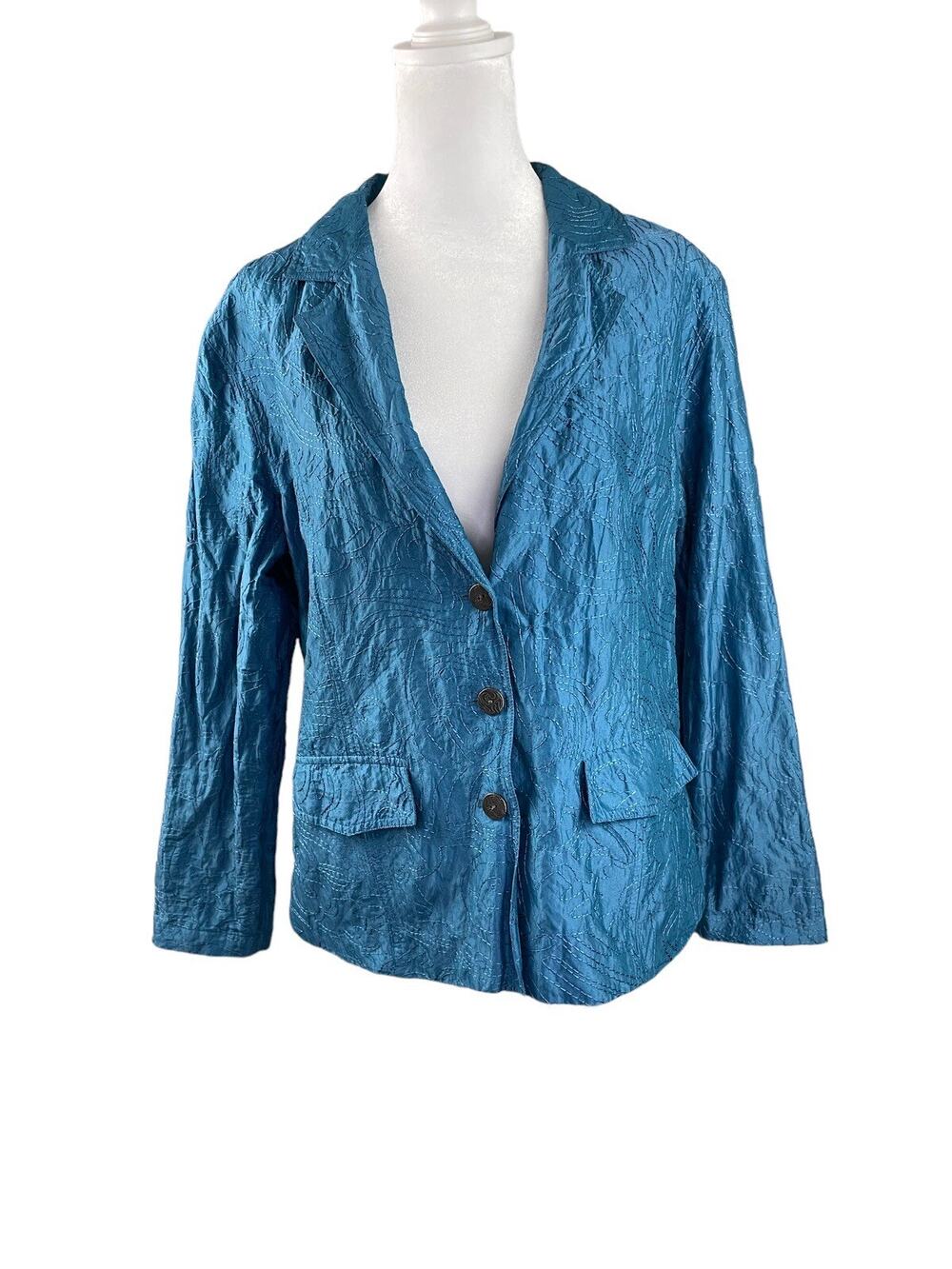 Chico's 1 (US M 8) Jacket Blazer Silk Blend Blue Embroidered Lined Pockets